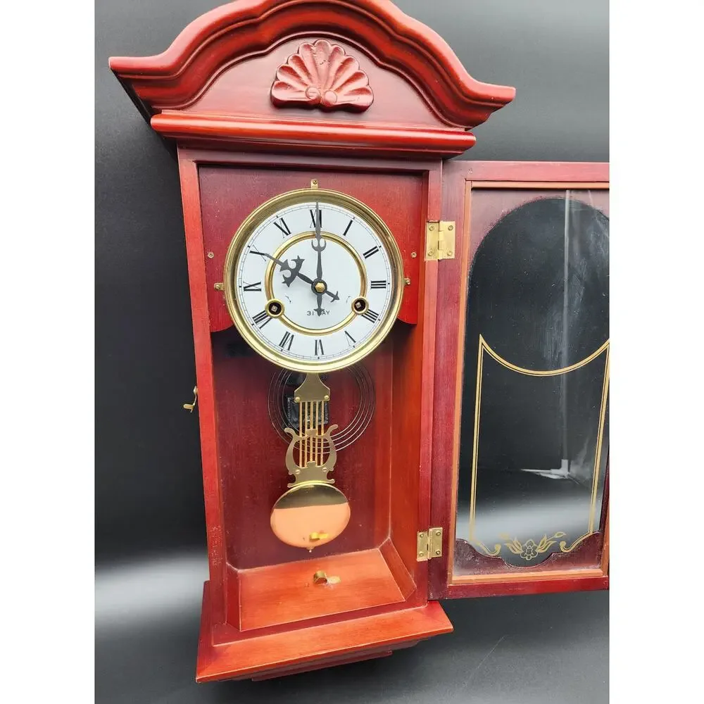 Vintage 31‑Day Regulator Clock Wood Case Glass Door w/ Key – For Decor/Parts